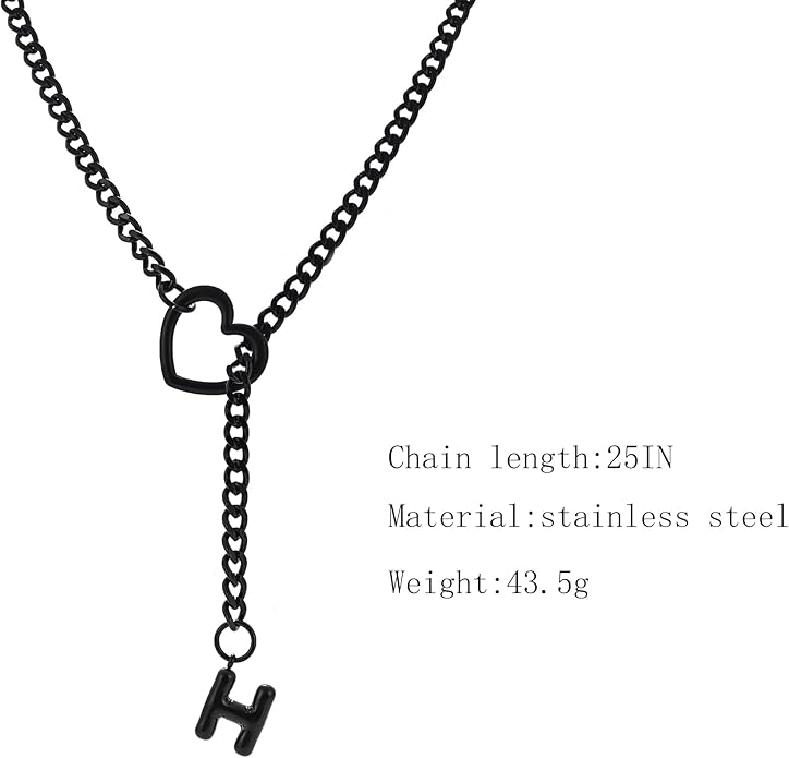 Black Heart Slip Chain Initial Necklaces for Women,Stainless Steel O-Ring Adjustable Lariat Heart Y-Necklace,Punk Gothic Cuban Collar Choker Necklace for women