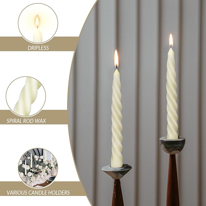 12 PCS Natural Beeswax Spiral Taper Candles, 7 Inch Tall- Off White | Dripless - Image 2