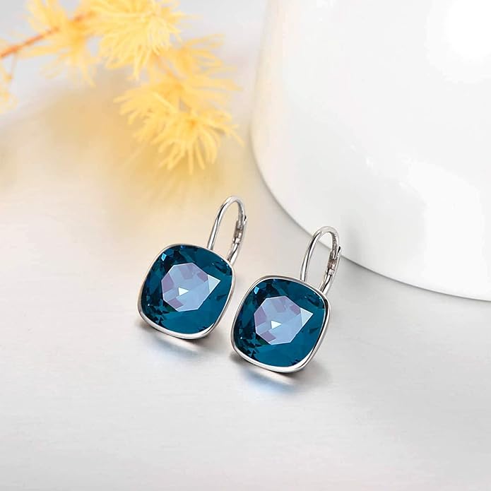 AOBOCO Sterling Silver Leverback Earrings Embellished with Crystals from Austria, Hypoallergenic Cushion Cut Square Crystal Earrings, Fine Anniversary Birthday Jewelry Gifts for Women
