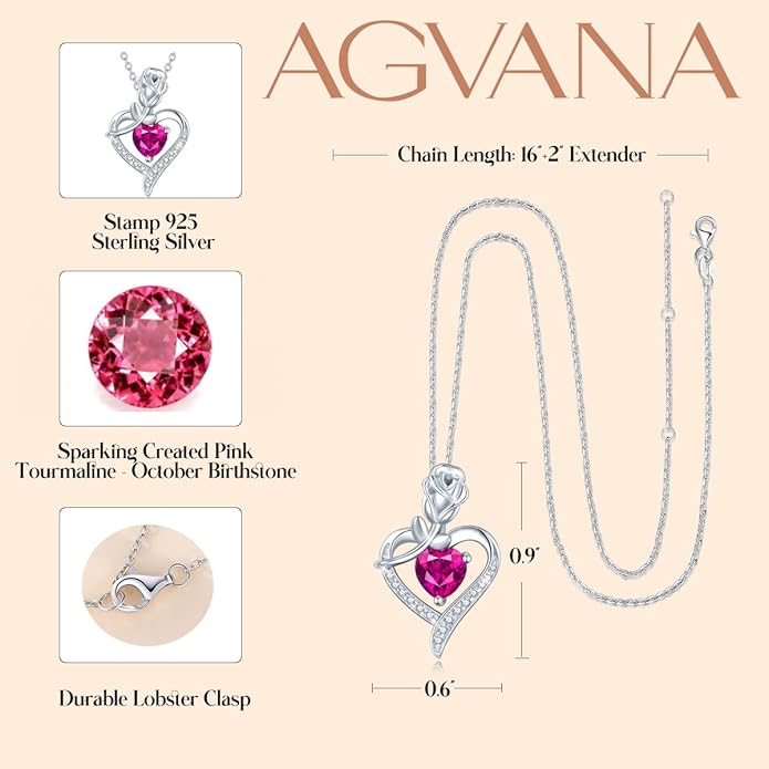 AGVANA Valentines Day Gifts Rosy Reverie Birthstone Necklace for Women Sterling Silver Genuine or Created Gemstone Rose Flower Heart Pendant Necklace Anniversary Birthday Gifts for Women Mom Wife Her