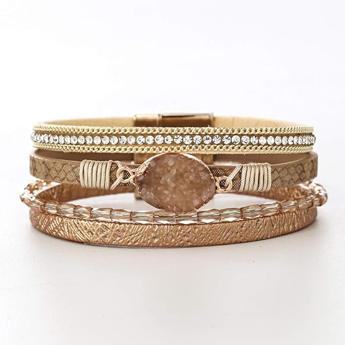 Fesciory Leopard Bracelet for Women, Boho Leather Wrap Multi-Layer Pearl Crystal Bracelet Bangle Jewelry