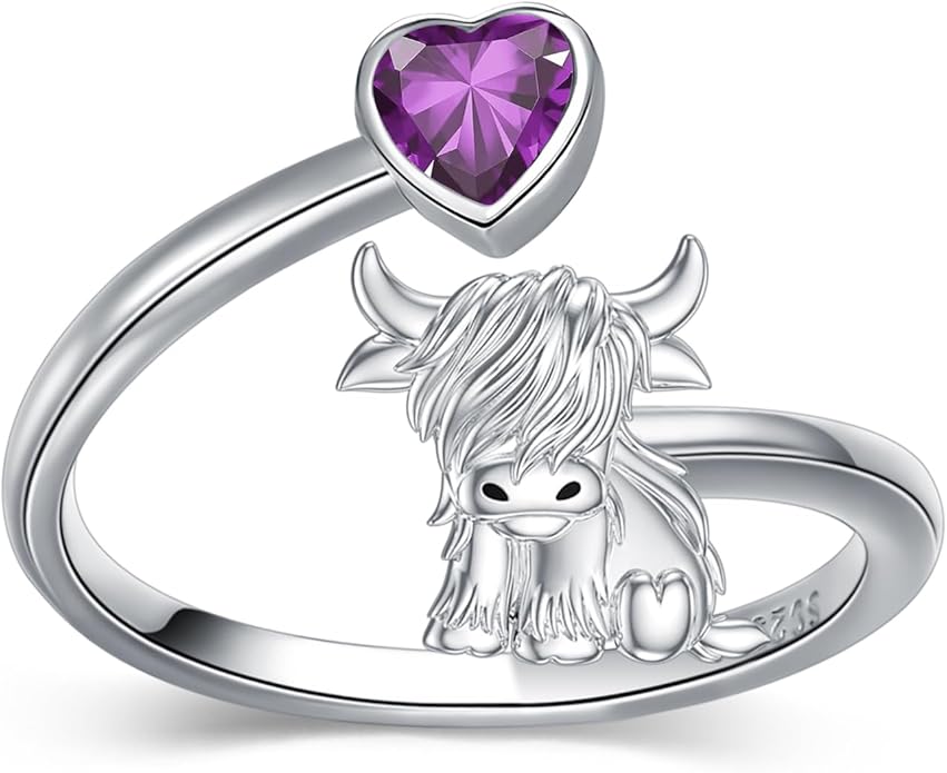 Highland Cow Ring 925 Sterling Silver Adjustable Ring Birthstone Ring Engraved Name Highland Cow Gifts Jewelry for Women