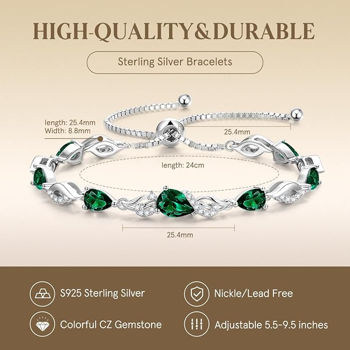 FANCIME Birthstone Teardrop Tennis Bracelet for Women, Sterling Silver 9x7mm main Gemstone Bolo Adjustable Chain Bracelet Fine Jewelry Birthday Gifts for Women Mom Wife Her