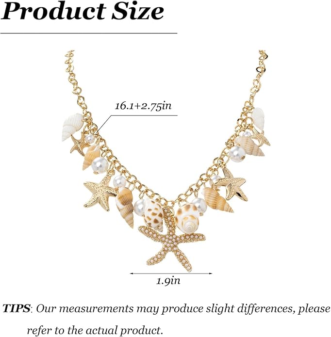 Gold Sea Shell Necklace Layered Charm Necklace for Women Boho Summer Seashell Beach Starfish Necklaces 14k Pearl Chain Surfer Jewelry Beach Vacation Essentials