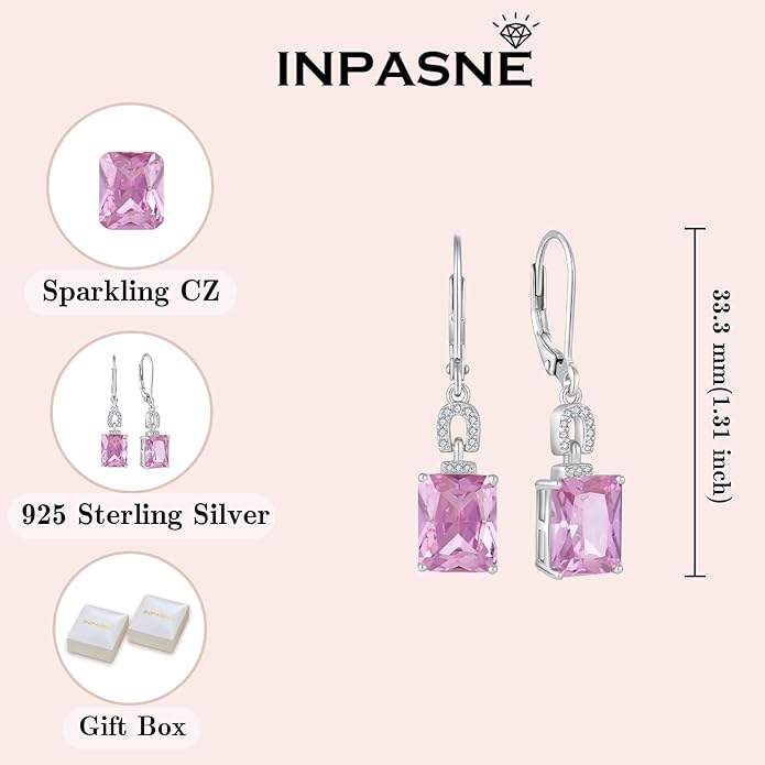 Emerald Cut Earrings 925 Sterling Silver Baguette Birthstone Dangle Drop Leverback Earrings Jewelry Gifts for Women