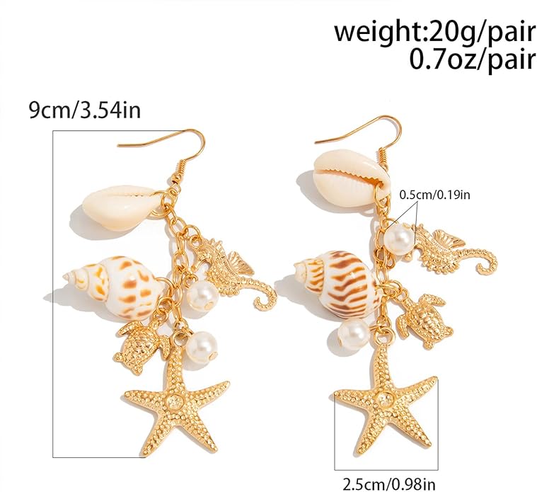 Gold Starfish Shell Earrings for Women with Pearl Beach Seashell Earrings Dangle Summer Vacation Earring for Women Beach Jewelry