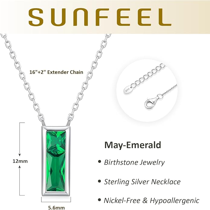 SUNFEEL Birthstone Necklace for Women, S925 Sterling Silver Necklaces with Square Cubic Zirconia Gemstone Necklace Women's Jewelry Anniversary Birthday Gifts for Women Mom Wife Her