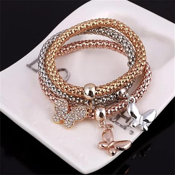 Crystal Charms Multilayer Bracelets - 3PCS Gold/Silver/Rose Gold Corn Chain Bracelet for Women, Tree of Life Heart Shaped Stretch Bracelet