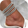 14K Gold Plated Ankle Bracelets for Women Cuban Link Anklets Plus Size Silver Ankle Bracelet Layered Link Anklet Set Rhinestone Bling Anklets Silver Jewelry for Women Gift Set