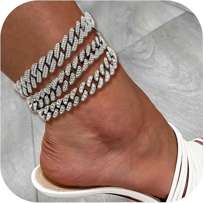 14K Gold Plated Ankle Bracelets for Women Cuban Link Anklets Plus Size Silver Ankle Bracelet Layered Link Anklet Set Rhinestone Bling Anklets Silver Jewelry for Women Gift Set