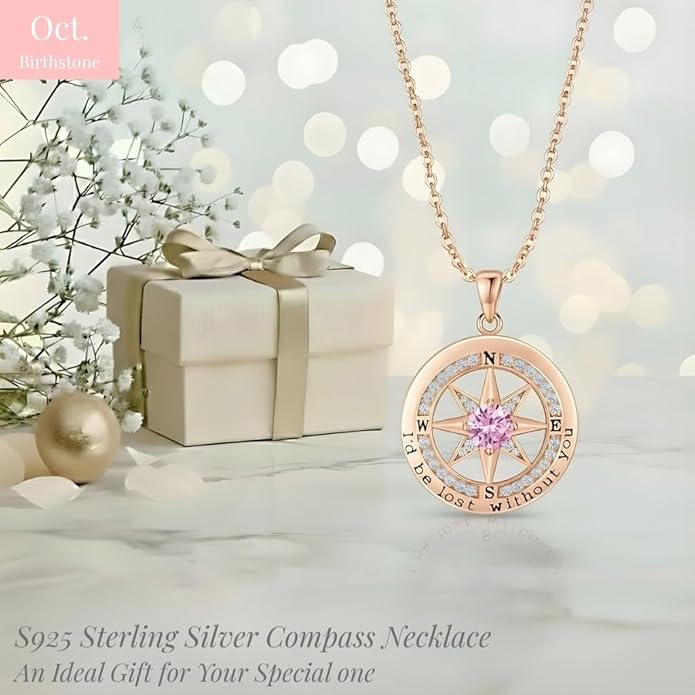 Compass Necklace for Women Wife Girlfriend Mom Daughter Gifts S925 Sterling Silver Jewelry For Anniversary Rose Gold Gifts For Birthday Christmas Mothers Valentines Day 12 Birthstones
