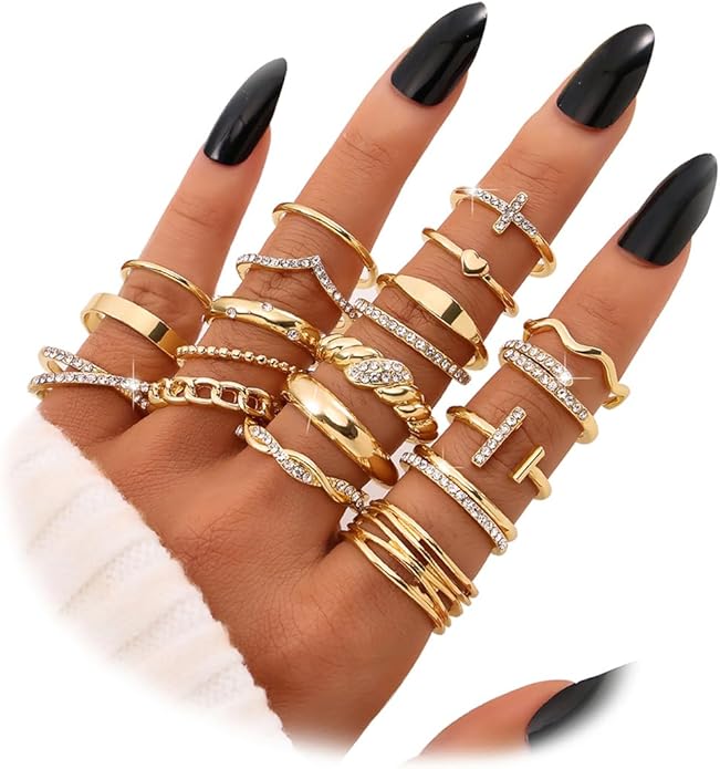 KISS WIFE Goldenen Silvery Black Kunckle Rings Set for Women, Dainty Simple Trendy Cute Stackable Finger Rings Pack, Perfect for Stacking Layering on Thumb and Knuckle, Mixed Size, Jewelry Gift