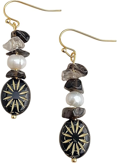Hupplle Handmade Vintage Boho Dangle Earrings with Natural Stone Crystal Pearl Lightweight Hypoallergenic Elegant Jewelry Gifts for Women