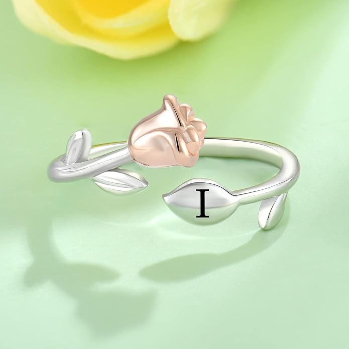 STARCHENIE Rose Initial Ring for Women 925 Sterling Silver Letters A-Z 26 Alphabet Adjustable Ring Size 7