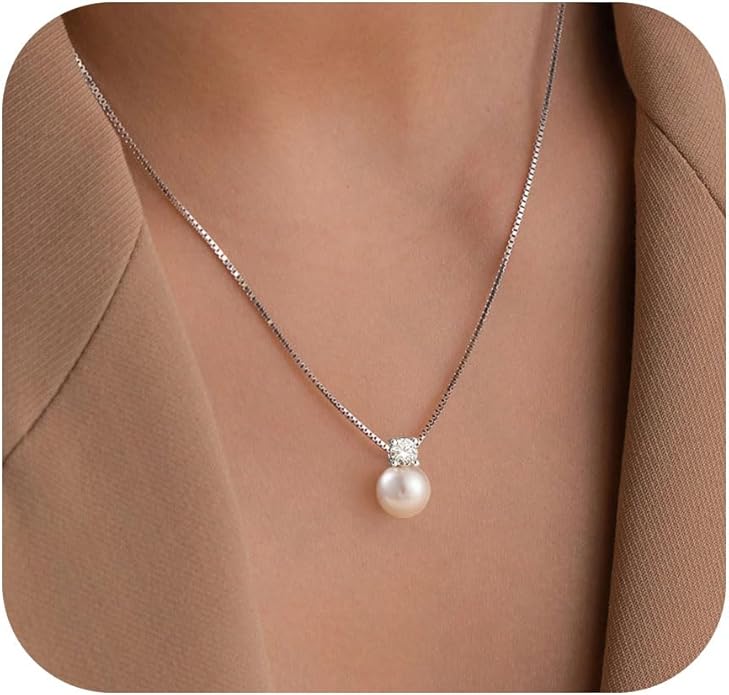 WFYOU Pearl Necklaces for Women Trendy 6MM 8MM 10MM Dainty Round Natural Freshwater Pearl Necklace Silver 14K Gold Plated CZ Pearls Necklaces for Women Birthday Bridesmaid Wedding Gifts Pearl Jewelry