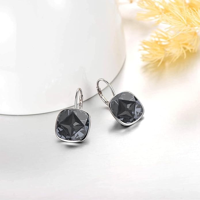 AOBOCO Sterling Silver Leverback Earrings Embellished with Crystals from Austria, Hypoallergenic Cushion Cut Square Crystal Earrings, Fine Anniversary Birthday Jewelry Gifts for Women