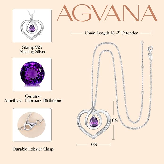 AGVANA Valentines Day Gifts Heart Birthstone Necklace for Women Sterling Silver Genuine or Created Gemstone Forever Love Pendant Necklace Fine Jewelry Anniversary Birthday Gifts for Women Mom Wife