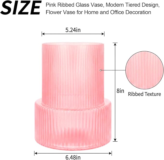 Pink Ribbed Glass Vase, Modern Decorative Flower Vase | Home Decor, Living Room - Image 2