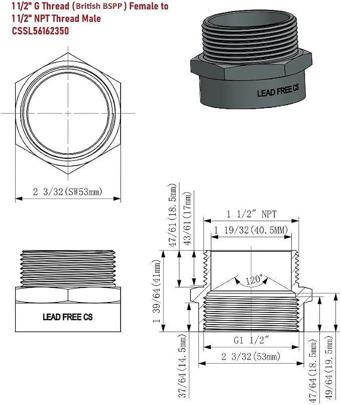 Cascada 1 1/2" G Thread Female to NPT Male Pipe Fittings | Lead-Free Brass Pipe - Image 2