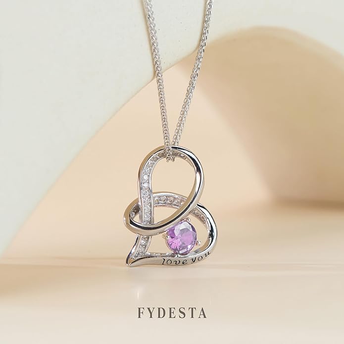 Enduring Hearts Purple Zircon Necklace for Women - 14K Gold Plated Copper Infinity Pendant, Dainty Everyday Jewelry