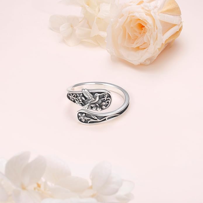 925 Sterling Silver Spoon Rings Butterfly/Dragonfly/Hummingbird/Cross Adjustable Sunflower Thumb Ring For Women Turquoise Boho Ring Vintage Rings Unique Jewelry Present for Christmas Mother's Day