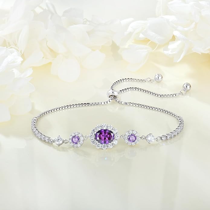 925 Sterling Silver Birthstone Bracelets for Women, Adjustable Halo Cubic Zirconia CZ Bracelet Anniversary Birthday Jewerly for Mom Wife