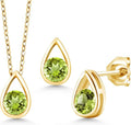 Gem Stone King 18K Yellow Gold Plated Silver 5MM Round Gemstone Birthstone Teardrop Pendant Earrings Set | Jewelry Set for Women | With 18 Inch Chain