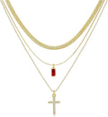 3Pcs Gold Layered Necklaces for Women, 14K Gold Plated Cross Necklace, Dainty Birthstone Necklace for Women, Herringbone Gold Necklaces Set, Stackable Women's Gold Pendant Necklaces Jewelry Set