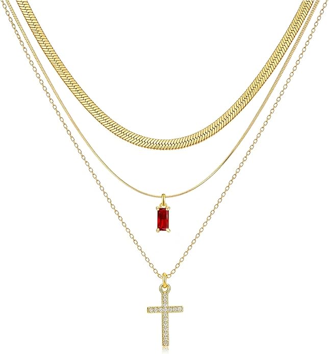 3Pcs Gold Layered Necklaces for Women, 14K Gold Plated Cross Necklace, Dainty Birthstone Necklace for Women, Herringbone Gold Necklaces Set, Stackable Women's Gold Pendant Necklaces Jewelry Set