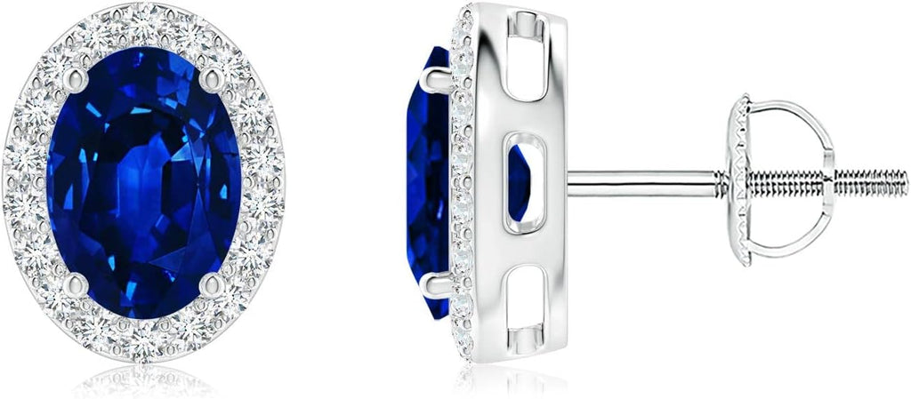 ANGARA Natural Blue Sapphire Earrings for Women | Prong-Set Oval Blue Sapphire Stud Earrings with Diamond Halo in 14K Solid Gold/Platinum | September Birthday, Anniversary, Gemstone Jewellery Gift