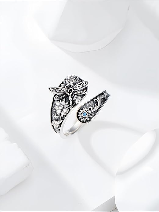 Midari Sun and Moon/Bee/Celtic/Life of Tree/Lotus Spoon Ring for Women 925 Sterling Silver Adjustable Ring Open Ring for Women Men Halloween Birthday Gift