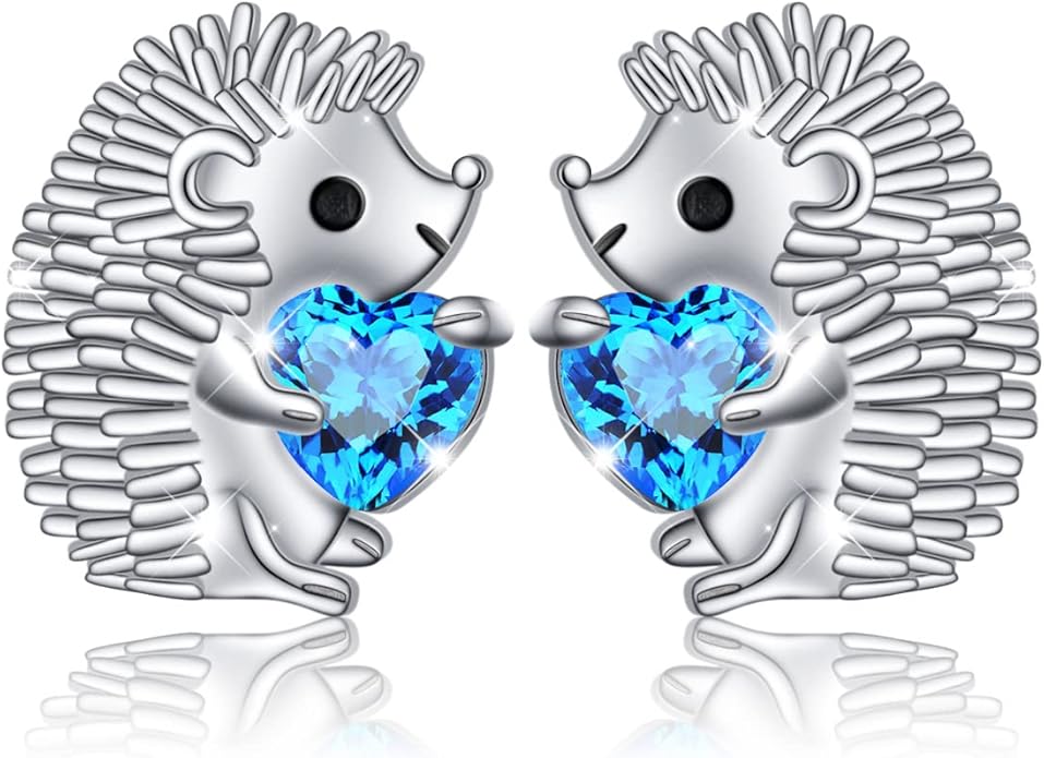 FLYOW 925 Sterling Silver Cute Animal Heart CZ Hedgehog Pendant Necklace and Stud Earrings Bracelet Set for Women Birthday Jewelry