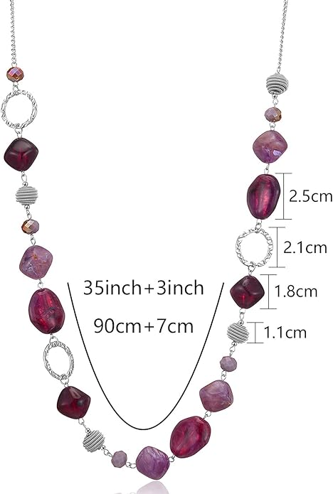 BULINLIN Beaded Long Necklace for Women Silver Sweater Chain Necklace with Crystal Resin Beads, Fashion Jewelry Necklace