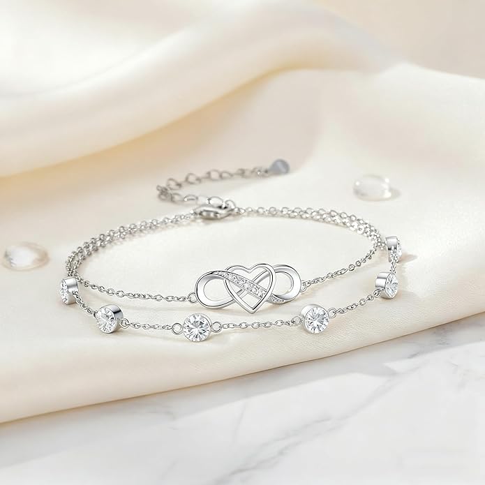 Prismata Infinity Birthstone Charm Link Bracelet 925 Sterling Silver Adjustable 12 Months Birthstone Infinity Bracelet Birthday Jewelry Gifts for Women Mom Her,with 7"+2" chain