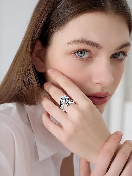 Midari Sun and Moon/Bee/Celtic/Life of Tree/Lotus Spoon Ring for Women 925 Sterling Silver Adjustable Ring Open Ring for Women Men Halloween Birthday Gift