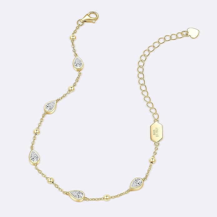 Pear Moissanite Link Bracelet, 1.75cttw D Color VVS1 925 Sterling Silver Adjustable 5-Stone Pear Bracelets for Women Mom Wife Birthday Jewelry Gifts