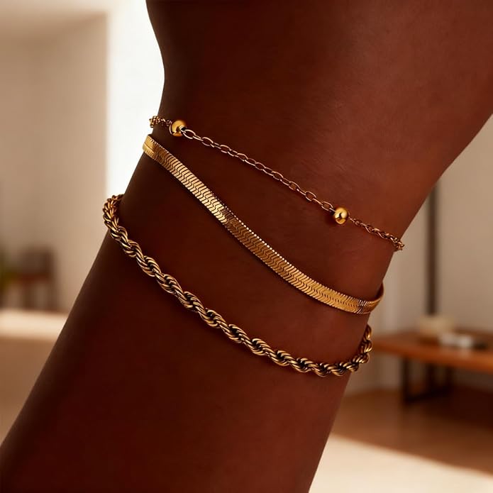 18K Gold Plated Bracelet Sets for Women Waterproof - Trendy Thin Dainty Stackable Cuban Link Paperclip Snake Twisted Chain Fashion Jewelry Accessories Gifts for Women