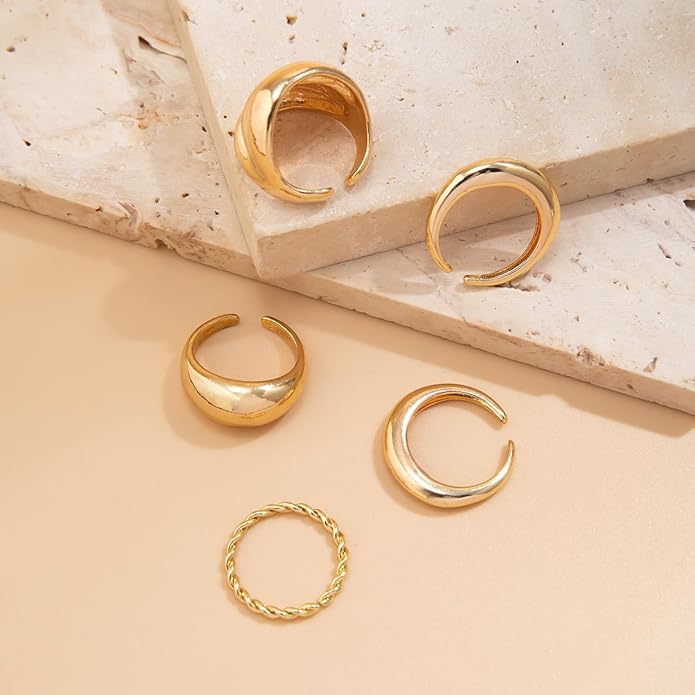 MIFYNN Chunky Gold Rings for Women Gold Silver Adjustable Thick Ring Fashion Statement Ring Open Dome Ring Chunky Silver Rings Geometric Curved Minimalist Simple Rings