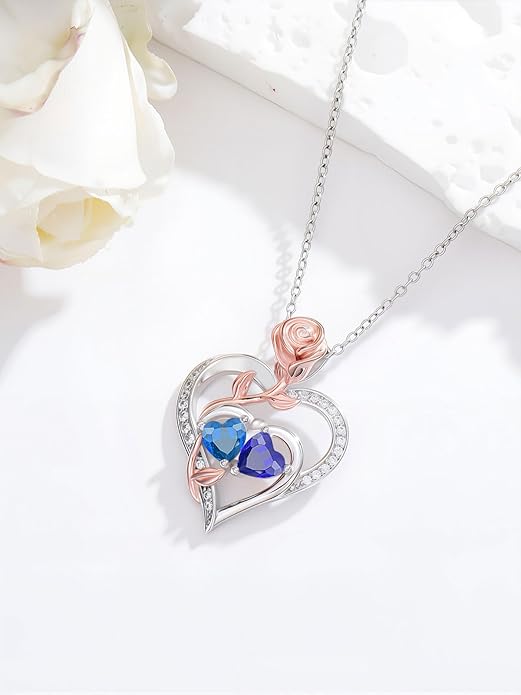 Rose Flower Heart Pendant for Women Birthday Gifts 18k Gold Plated Mother Daughter Necklace with 12 Months Birthstone Christmas Valentines Day Gifts for Her Mom Anniversarry Jewelry for Mom Wife Girlfriend