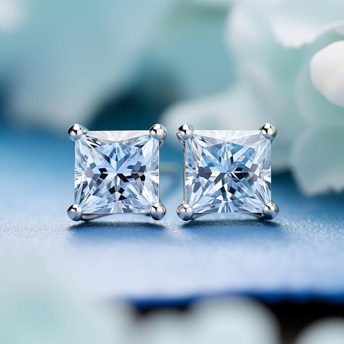 14K White Gold Moissanite Earrings Men & Women, Solid Gold Simulated Diamond and Lab Diamonds Studs for Men & Women, 1ct - 2ct Round, Princess, Heart, Halo Cut, Dangle, Lever or Screw Back Earrings, VVS1, D Color, Pink or Blue - Luxury Gift Box