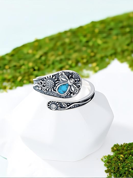 JKR Turquoise Spoon Rings for Women Sterling Silver Vintage Antique Thumb Ring Boho Jewelry Anniversary Birthday Gift for Wife Her Mom