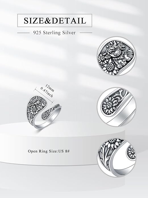 Midari Sun and Moon/Bee/Celtic/Life of Tree/Lotus Spoon Ring for Women 925 Sterling Silver Adjustable Ring Open Ring for Women Men Halloween Birthday Gift