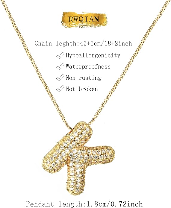 RWQIAN Letter Necklace for Women Bubble, Chunky Initial Alphabet A-Z Pendant Puffy Name Personalized Necklace Dainty Zircon CZ Fashion Jewelry Gifts for Girls Girlfriend