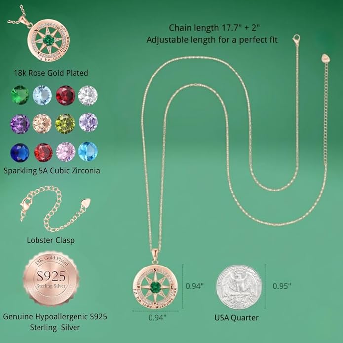 Compass Necklace for Women Wife Girlfriend Mom Daughter Gifts S925 Sterling Silver Jewelry For Anniversary Rose Gold Gifts For Birthday Christmas Mothers Valentines Day 12 Birthstones