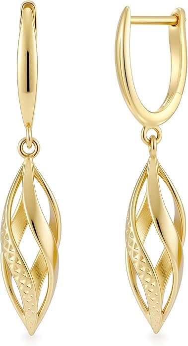 Gold Hoop Earrings 14K Gold Hoop Earrings for Women Dangle Drop Earring for Women Rhombic Twisted Hollow Shape Gold Drop Earring for Womens Dangling 40mm