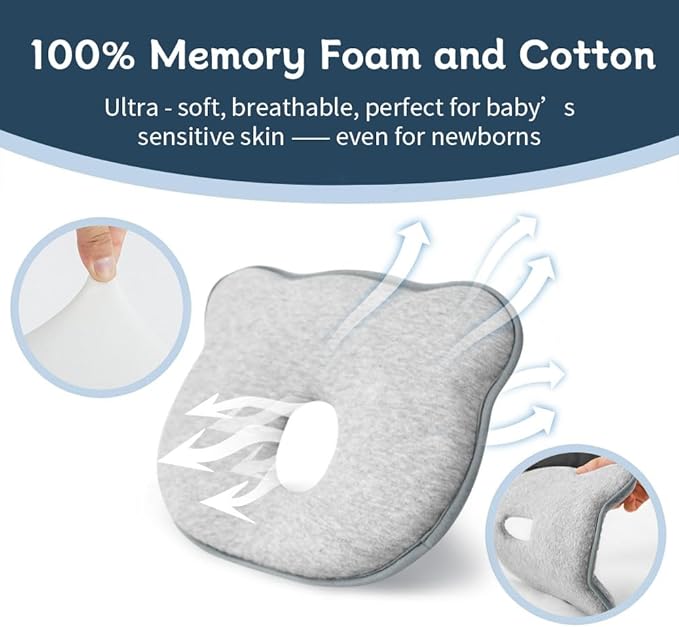 Memory Foam Baby Pillow for Newborn Flat Head Baby Pillow Machine-Washable Neck Support Prevent Flat Head 100% Cotton,Grey