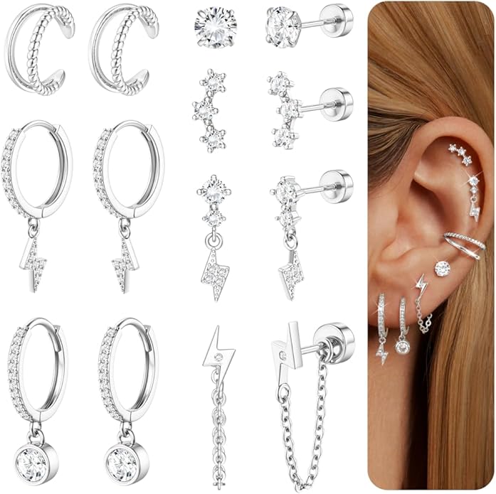 Dochais Flat Back Cartilage Earrings for Women Trendy Dainty CZ Flatback Studs Earing Sets 14k Gold Plated Hypoallergenic Huggie Hoops Earring Stacks for Multiple Piercing