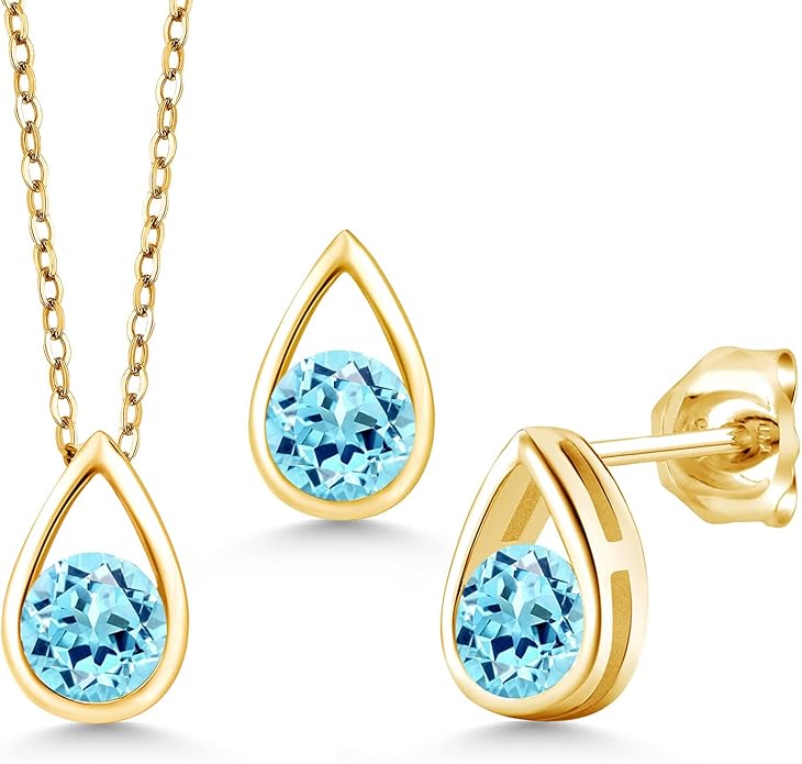 Gem Stone King 18K Yellow Gold Plated Silver 5MM Round Gemstone Birthstone Teardrop Pendant Earrings Set | Jewelry Set for Women | With 18 Inch Chain