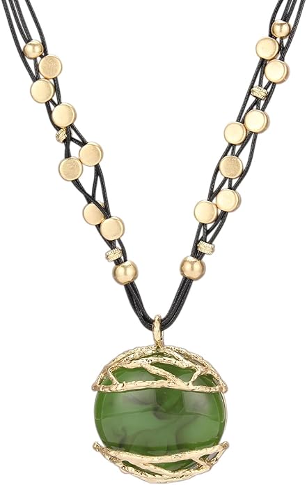 GelConnie Leather Necklace for Women Large Pendant Long Brown Necklace Circle Leather Choker Vintage Sweater Necklace Gold Chunky Boho Necklaces for Women
