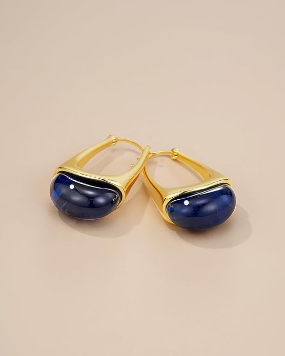 Long Oval Chunky Dangle 18K gold plated Hoops with Colored Resin Gemstone Statement Earrings for Women by SNGIA, (Green, Brown, Blue, Pink, White, Cream), Bold Drop Handmade Exaggerated Irregular Trendy Bohemian Jewelry Gifts, Unique Dangling Teardrop ...